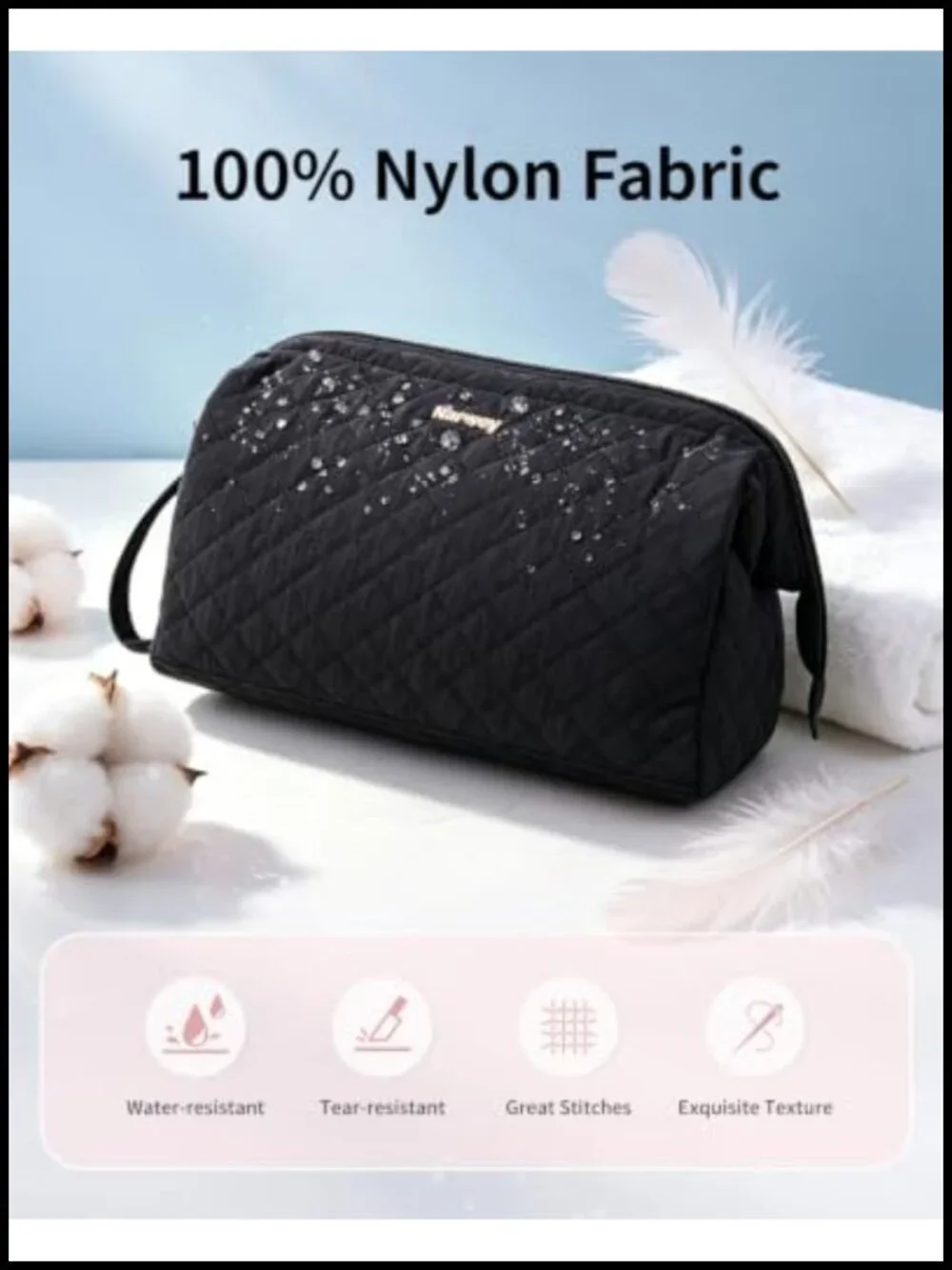 Quilted Makeup Bag Travel Toiletry Bag, Nylon Cosmetic Bag for Women, Large